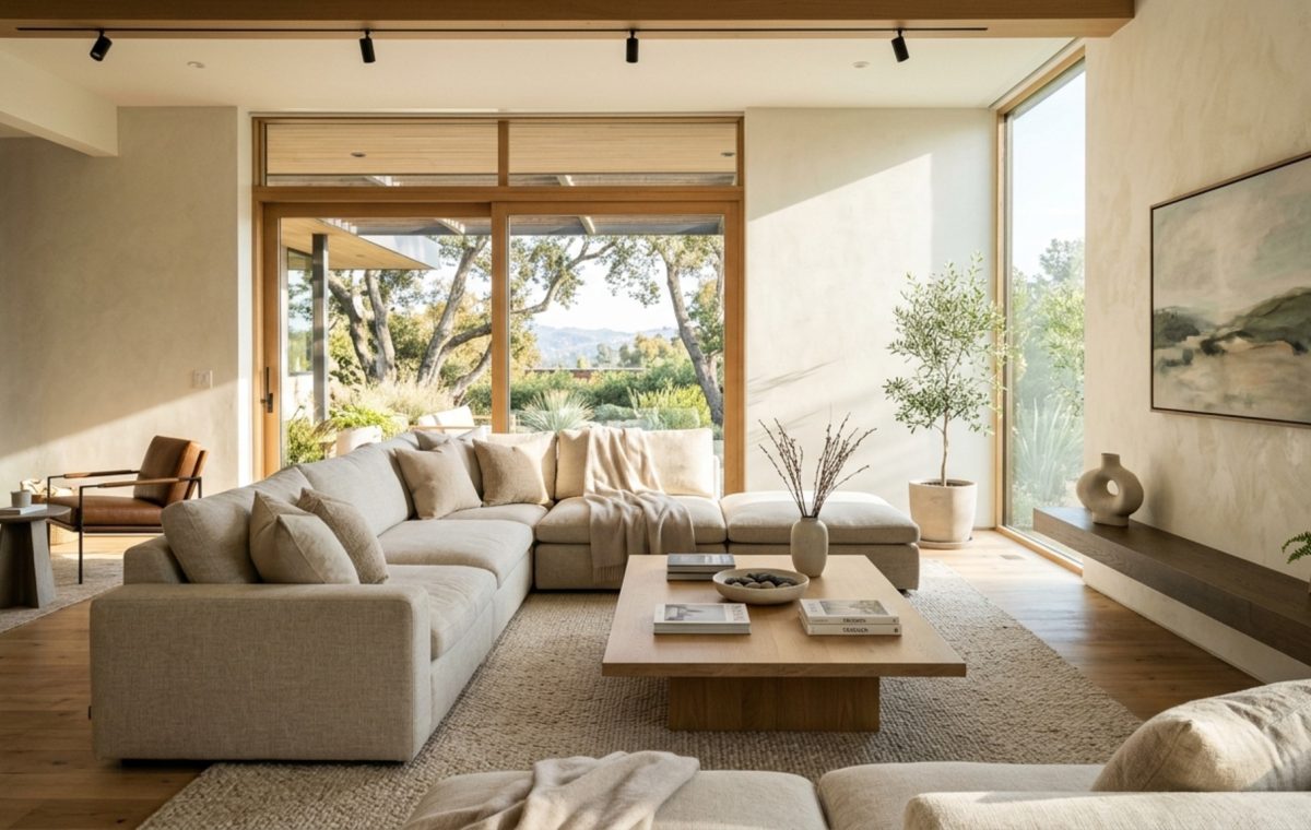 luxury living room furniture sets featuring a low-profile modular sectional in parchment linen with 36-inch walkway clearances