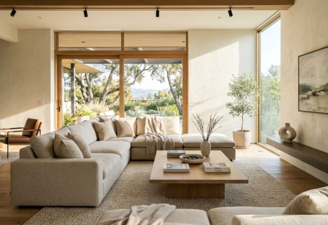 luxury living room furniture sets featuring a low-profile modular sectional in parchment linen with 36-inch walkway clearances