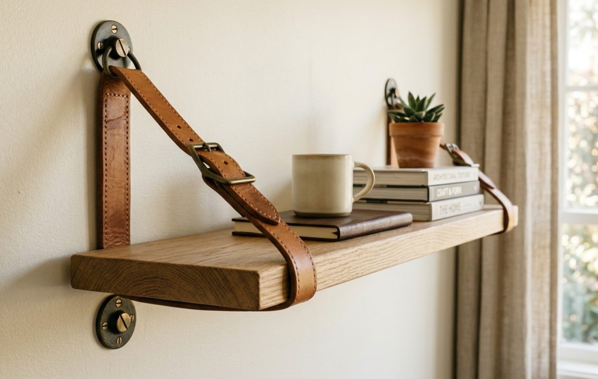 luxury unusual shelf brackets textures featuring hand-stitched tan leather straps supporting a reclaimed white oak floating shelf against a warm alabaster wall