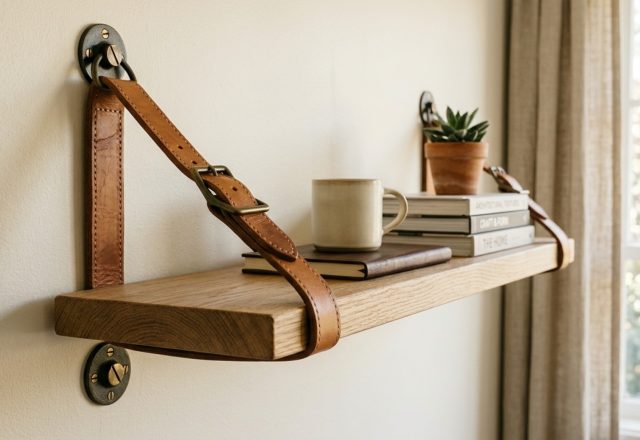 luxury unusual shelf brackets textures featuring hand-stitched tan leather straps supporting a reclaimed white oak floating shelf against a warm alabaster wall