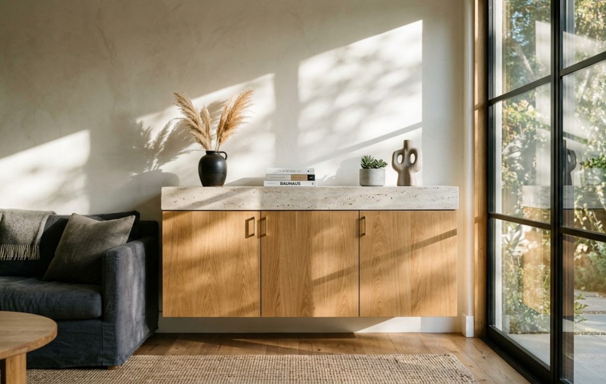 modern ikea room design ideas featuring a floating media console in rift-sawn oak with a honed travertine top and 2700K integrated LED lighting.