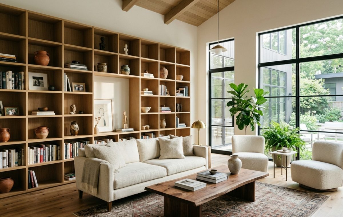 modern 30 shelves ideas featuring floor-to-ceiling modular units in a sun-drenched living room with Benjamin Moore Swiss Coffee walls and minimalist decor.
