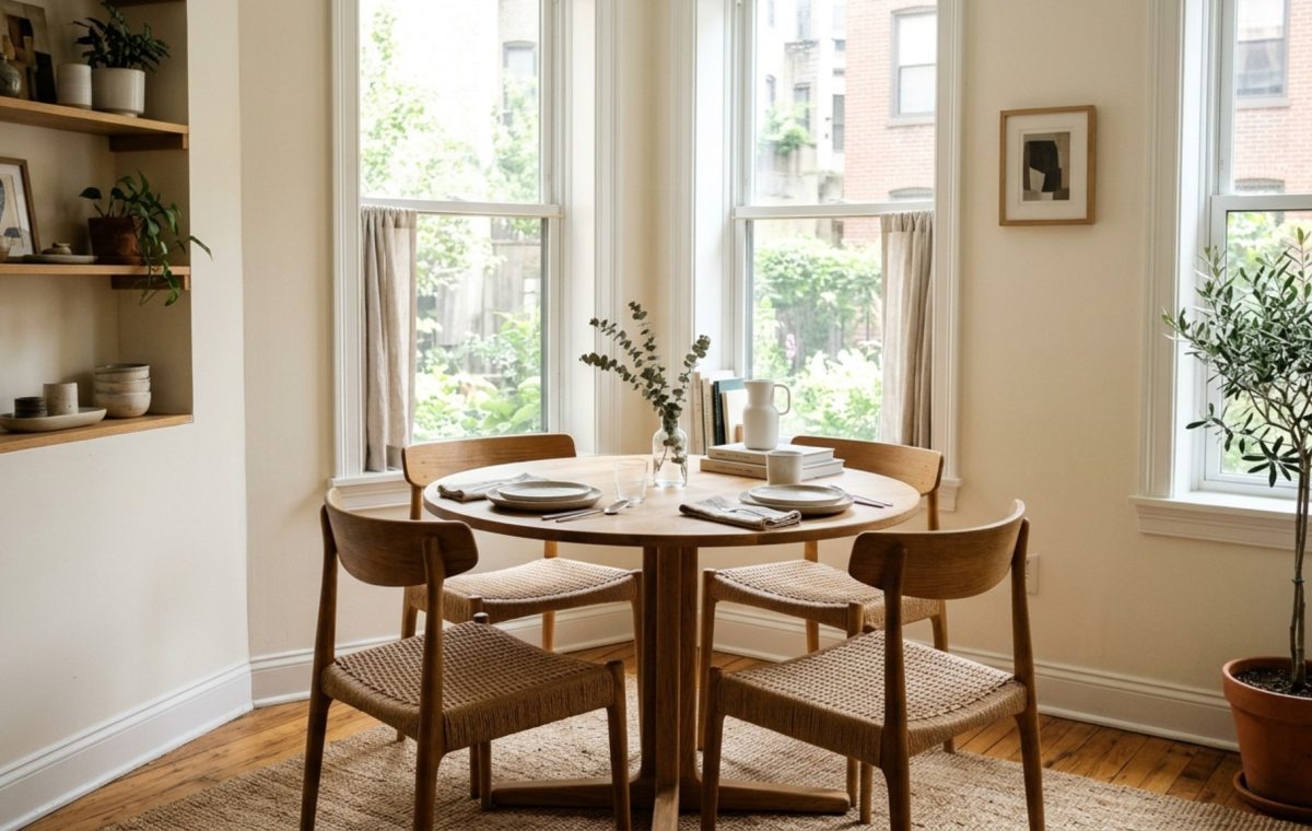 small space best dining sets featuring a round white oak pedestal table in a sun-drenched breakfast nook with 36-inch clearances