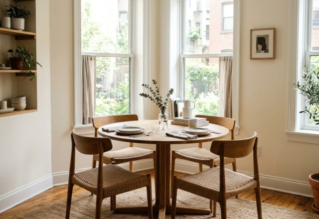 small space best dining sets featuring a round white oak pedestal table in a sun-drenched breakfast nook with 36-inch clearances