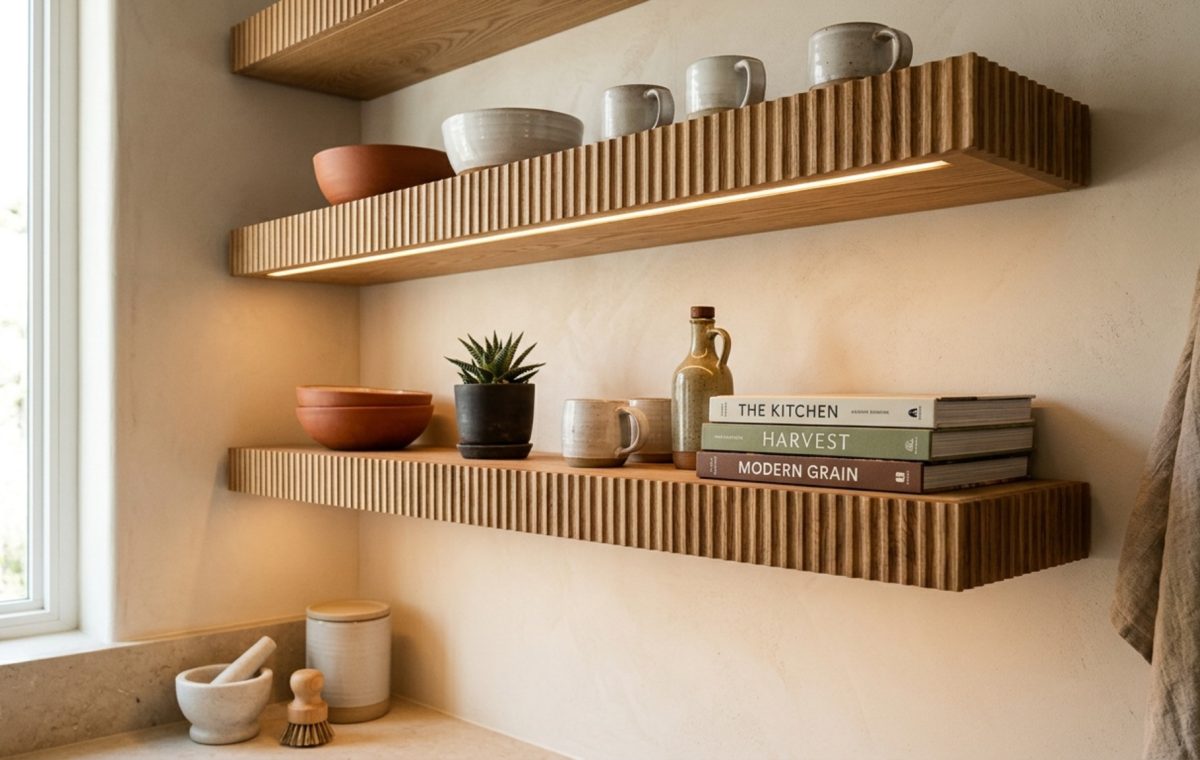 modern kitchen wall decor lighting guide featuring integrated LED strips under fluted white oak shelving with 2700K warm ambient glow.