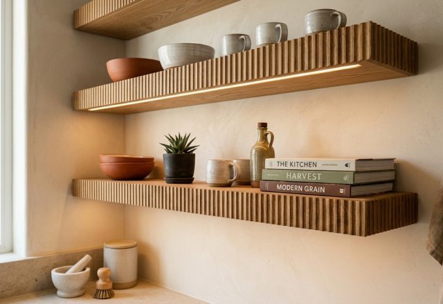 modern kitchen wall decor lighting guide featuring integrated LED strips under fluted white oak shelving with 2700K warm ambient glow.