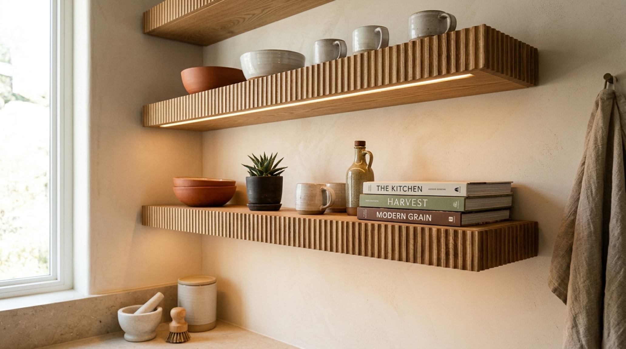modern kitchen wall decor lighting guide featuring integrated LED strips under fluted white oak shelving with 2700K warm ambient glow. modern kitchen wall decor lighting guide featuring integrated LED strips under fluted white oak shelving with 2700K warm ambient glow.