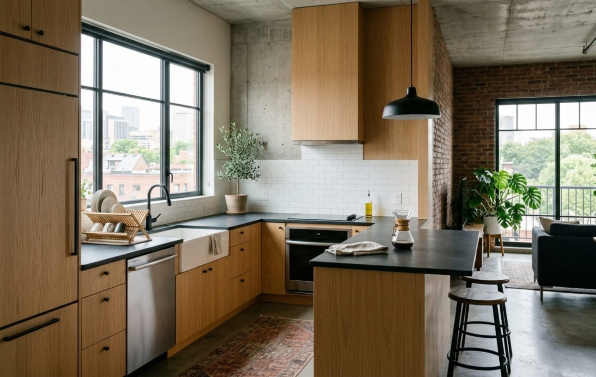 small space l shaped kitchen designs featuring floor-to-ceiling white oak cabinetry and integrated appliances to maximize vertical storage in a compact urban apartment
