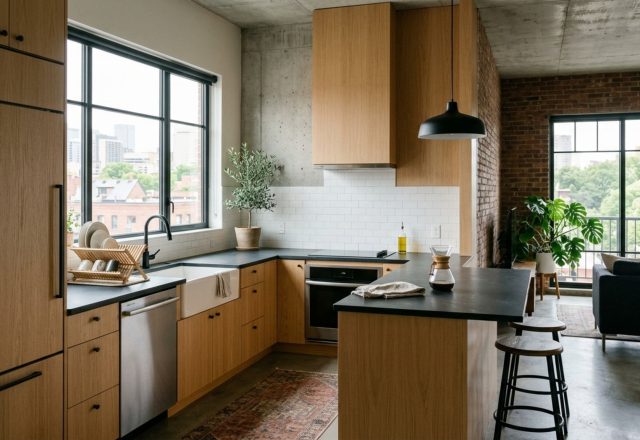small space l shaped kitchen designs featuring floor-to-ceiling white oak cabinetry and integrated appliances to maximize vertical storage in a compact urban apartment