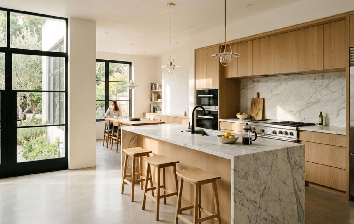 modern kitchen cabinet floor plans ideas featuring rift-sawn white oak cabinetry and a book-matched marble island with high-end brass hardware.