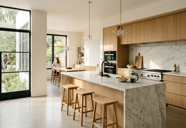 modern kitchen cabinet floor plans ideas featuring rift-sawn white oak cabinetry and a book-matched marble island with high-end brass hardware.