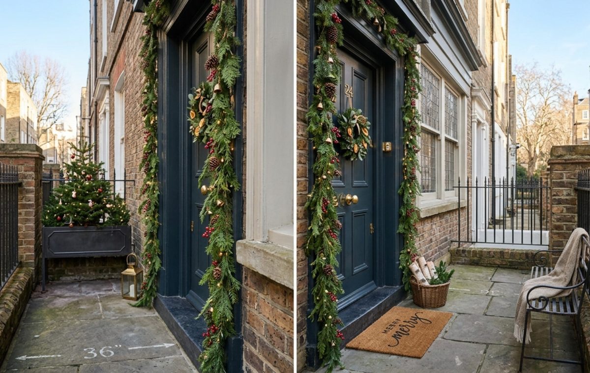 small space front door christmas decorating ideas featuring a slim vertical cedar garland and a recessed matte black door frame with a 36-inch clear walkway.