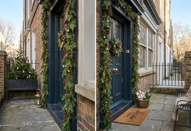 small space front door christmas decorating ideas featuring a slim vertical cedar garland and a recessed matte black door frame with a 36-inch clear walkway.