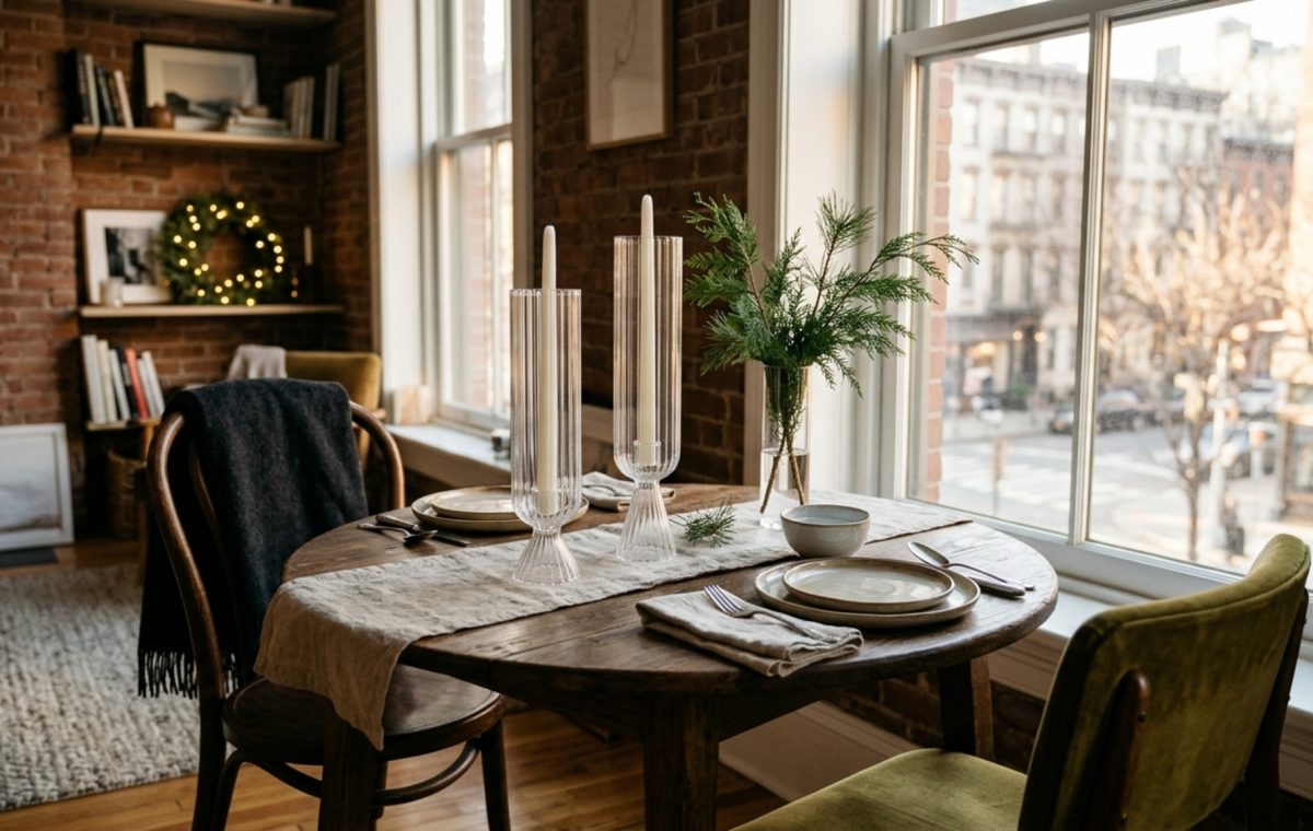 small space table decorations for christmas featuring a compact bistro table with vertical fluted glass hurricanes and a single sculptural cedar branch in a narrow urban apartment