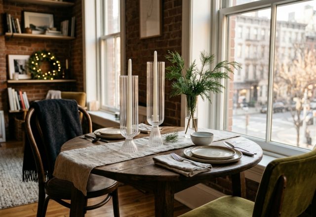 small space table decorations for christmas featuring a compact bistro table with vertical fluted glass hurricanes and a single sculptural cedar branch in a narrow urban apartment