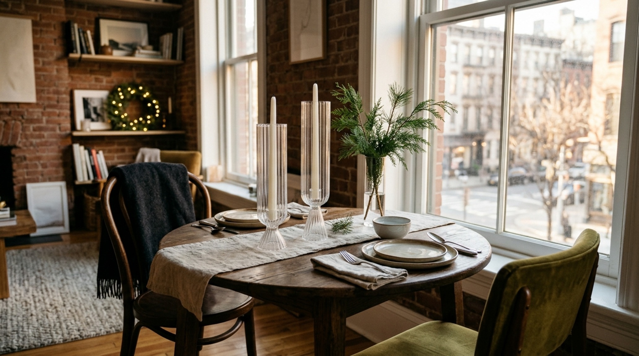 small space table decorations for christmas featuring a compact bistro table with vertical fluted glass hurricanes and a single sculptural cedar branch in a narrow urban apartment small space table decorations for christmas featuring a compact bistro table with vertical fluted glass hurricanes and a single sculptural cedar branch in a narrow urban apartment