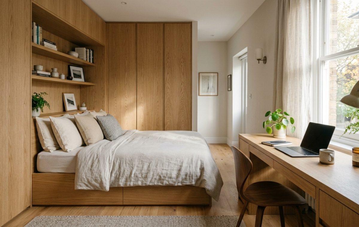 small space interior design advice featuring a custom white oak built-in daybed with integrated storage and minimalist wall-mounted shelving in a sun-drenched studio