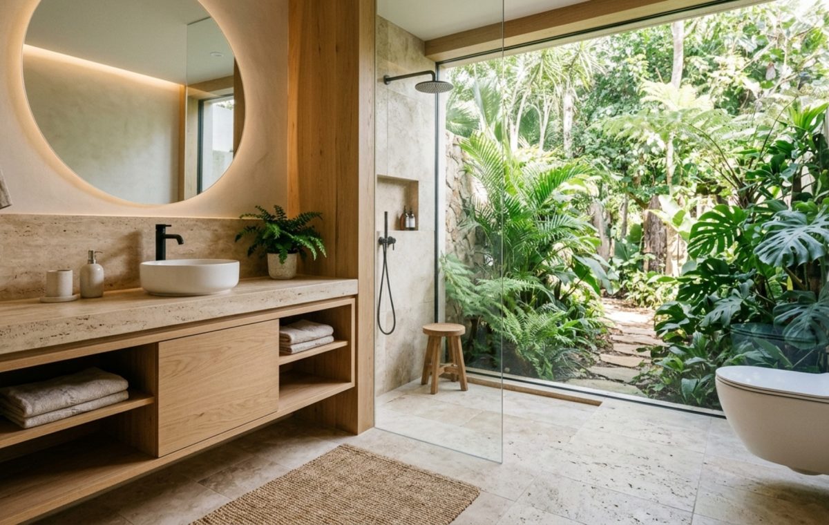 small space modern tropical architecture featuring a floating white oak vanity and honed travertine flooring to maximize the floor plane