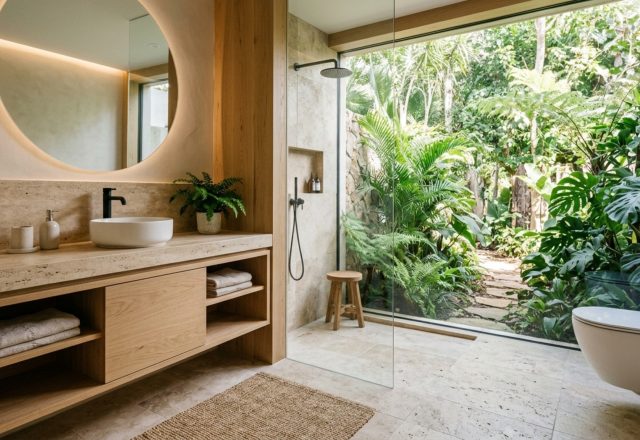 small space modern tropical architecture featuring a floating white oak vanity and honed travertine flooring to maximize the floor plane
