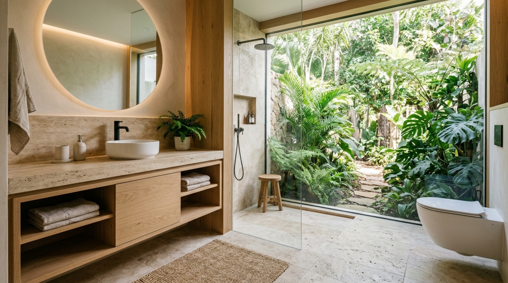 small space modern tropical architecture featuring a floating white oak vanity and honed travertine flooring to maximize the floor plane small space modern tropical architecture featuring a floating white oak vanity and honed travertine flooring to maximize the floor plane