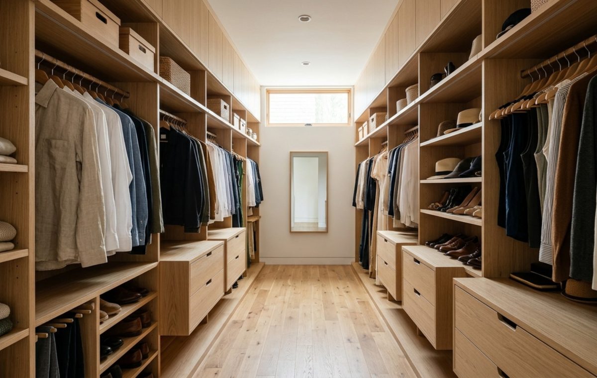 small space walk in clothes closet utilizing vertical storage modules and floating cabinetry in a warm neutral palette to maximize floor plane visibility
