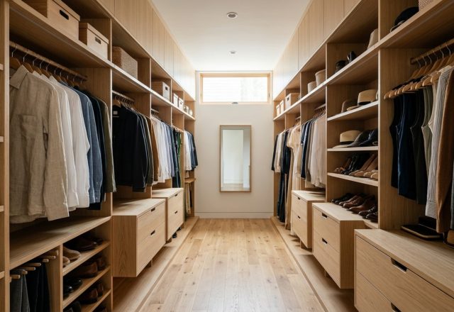 small space walk in clothes closet utilizing vertical storage modules and floating cabinetry in a warm neutral palette to maximize floor plane visibility