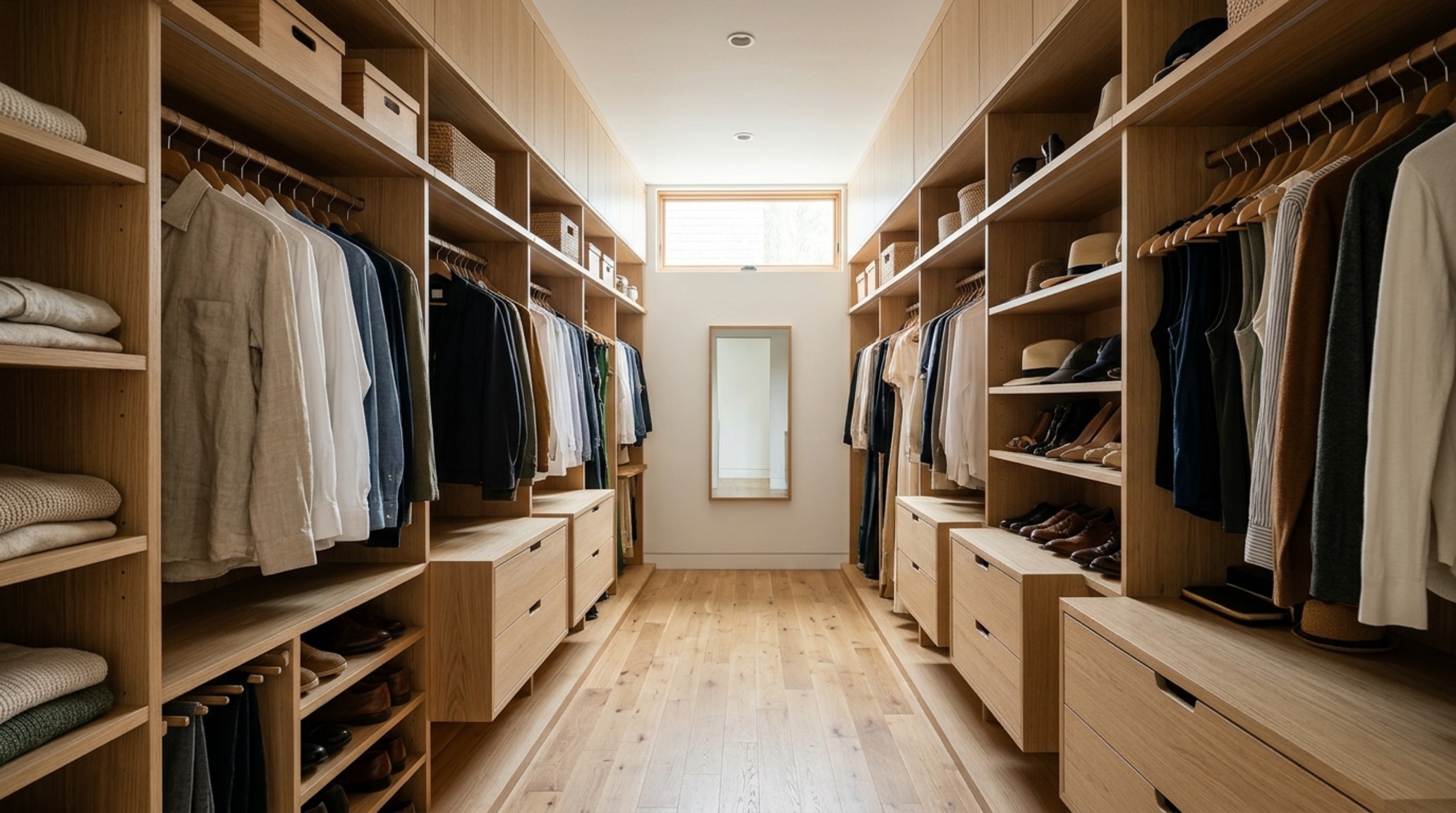small space walk in clothes closet utilizing vertical storage modules and floating cabinetry in a warm neutral palette to maximize floor plane visibility small space walk in clothes closet utilizing vertical storage modules and floating cabinetry in a warm neutral palette to maximize floor plane visibility
