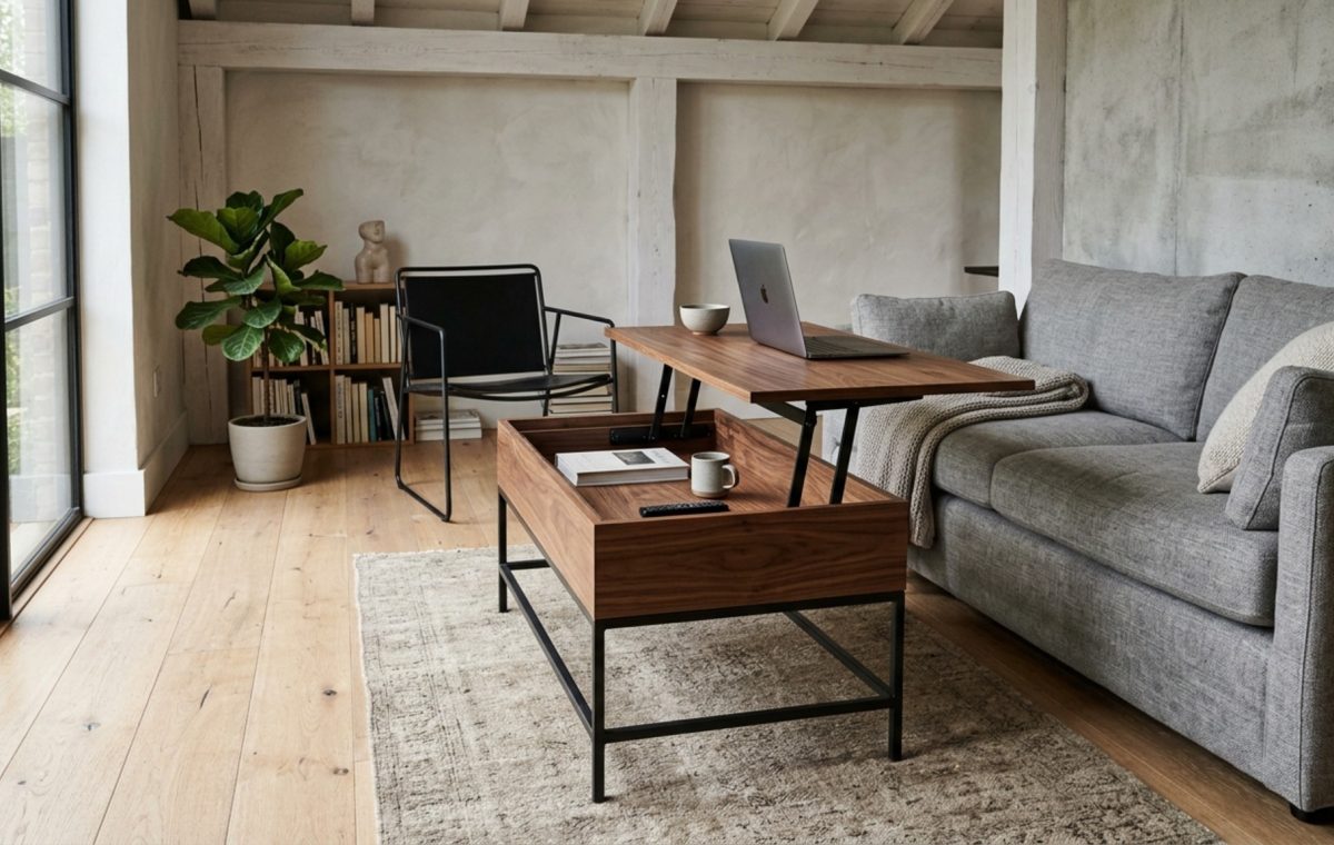 Small space modern rustic furniture featuring a lift-top walnut coffee table on a minimalist steel base in a bright urban loft.