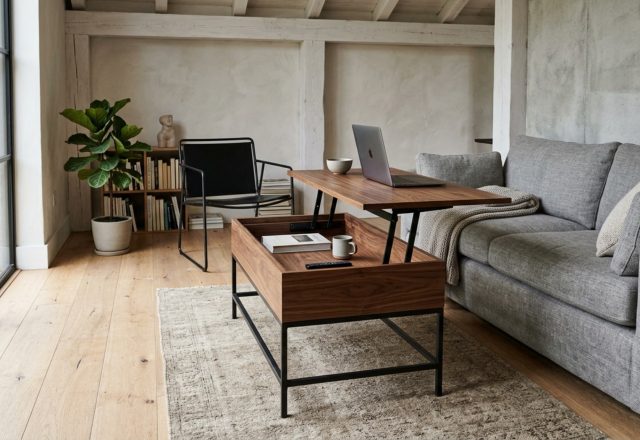 Small space modern rustic furniture featuring a lift-top walnut coffee table on a minimalist steel base in a bright urban loft.