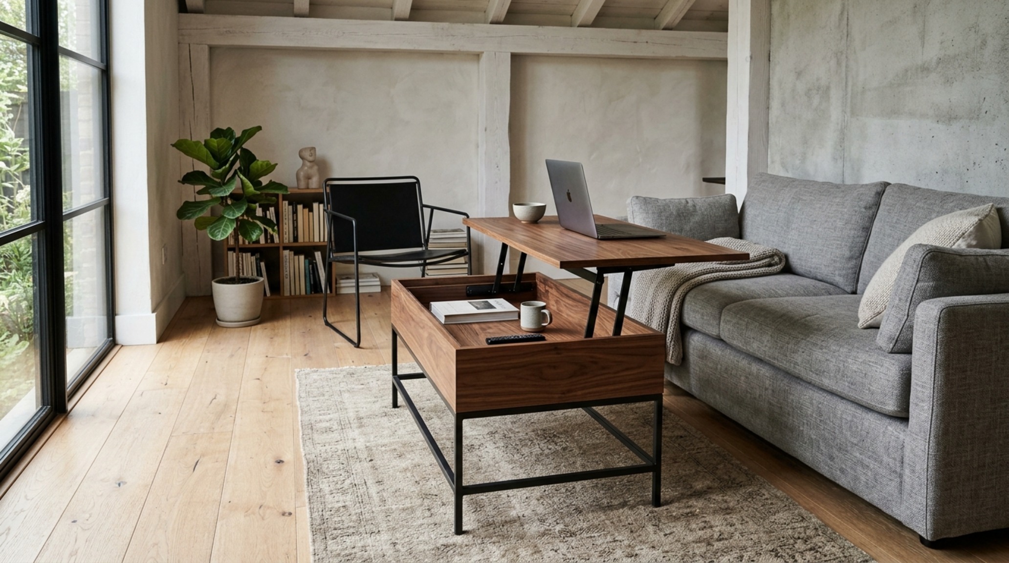 Small space modern rustic furniture featuring a lift-top walnut coffee table on a minimalist steel base in a bright urban loft. Small space modern rustic furniture featuring a lift-top walnut coffee table on a minimalist steel base in a bright urban loft.