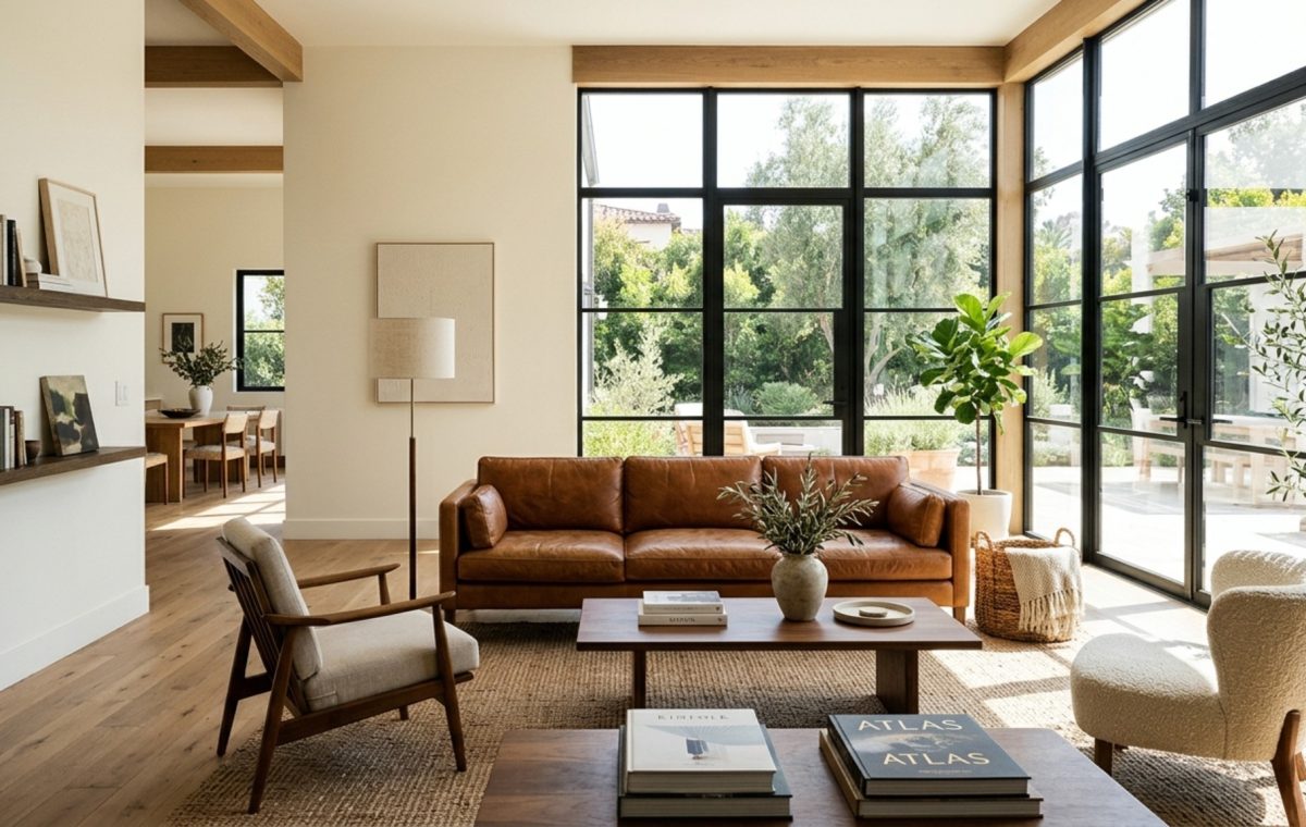 modern taking care of leather furniture ideas featuring a cognac leather sofa in an open-plan living room with 36-inch architectural walkways and natural sunlight