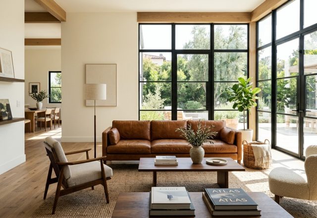 modern taking care of leather furniture ideas featuring a cognac leather sofa in an open-plan living room with 36-inch architectural walkways and natural sunlight