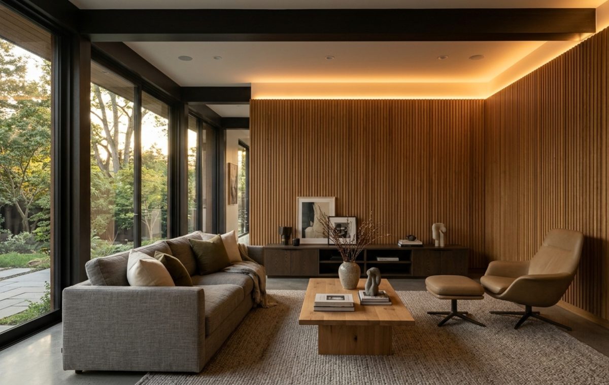 modern wall panels interior design ideas featuring vertical oak slats and integrated warm 2700K LED grazing lights in a minimalist living room.