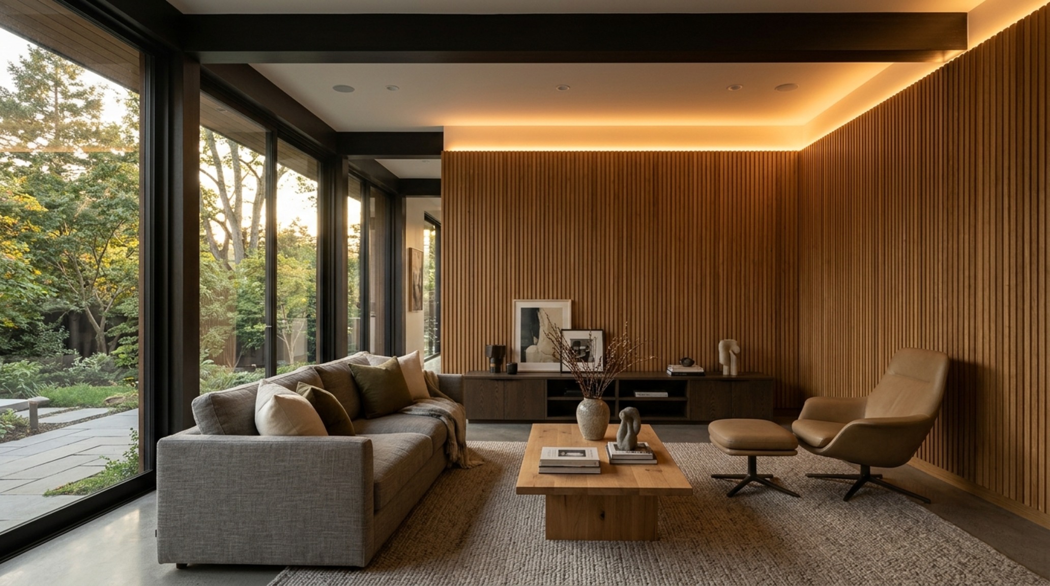 modern wall panels interior design ideas featuring vertical oak slats and integrated warm 2700K LED grazing lights in a minimalist living room. modern wall panels interior design ideas featuring vertical oak slats and integrated warm 2700K LED grazing lights in a minimalist living room.