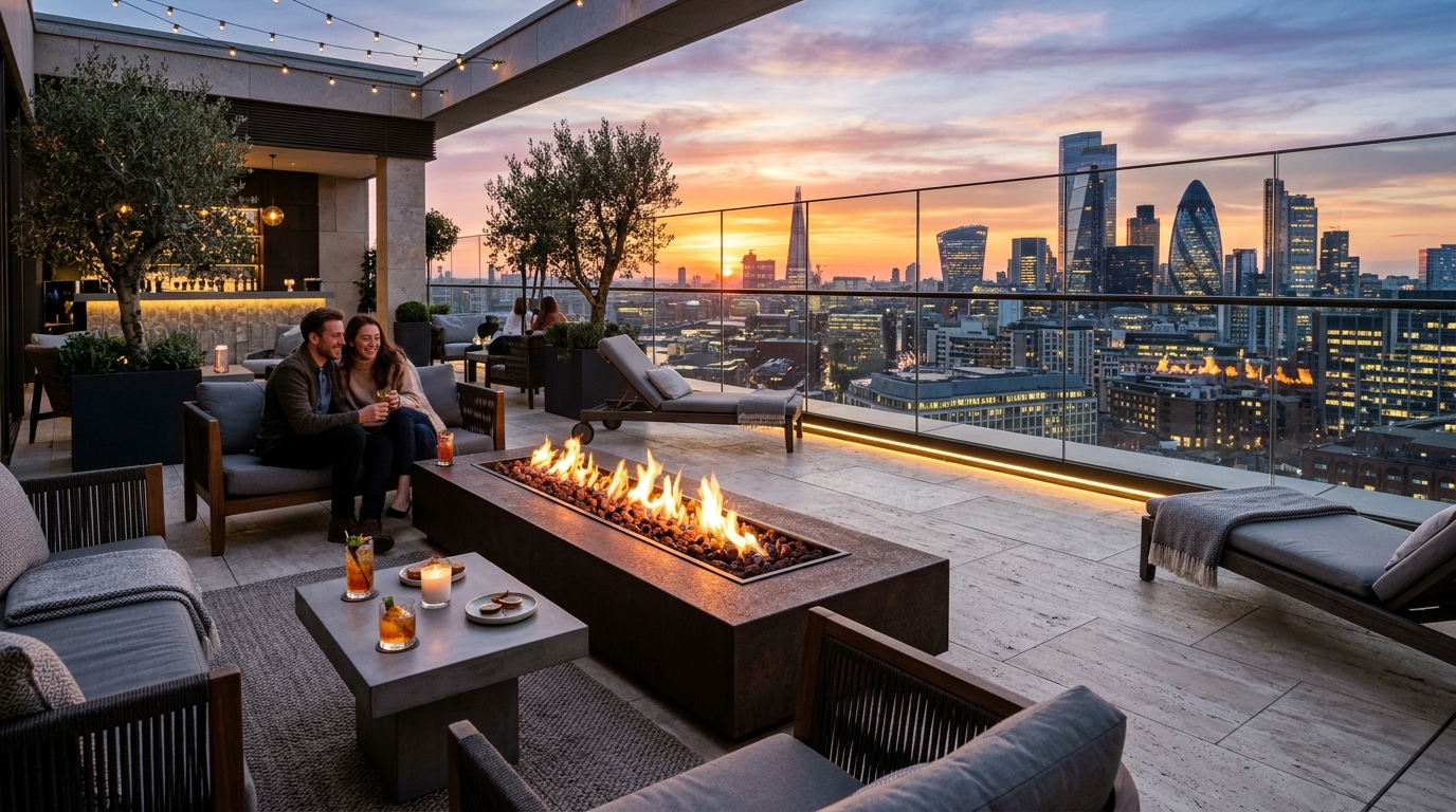 Editorial perspective of a rooftop terrace with a floating fireplace and honed stone surfaces, capturing a high-end spatial cadence.