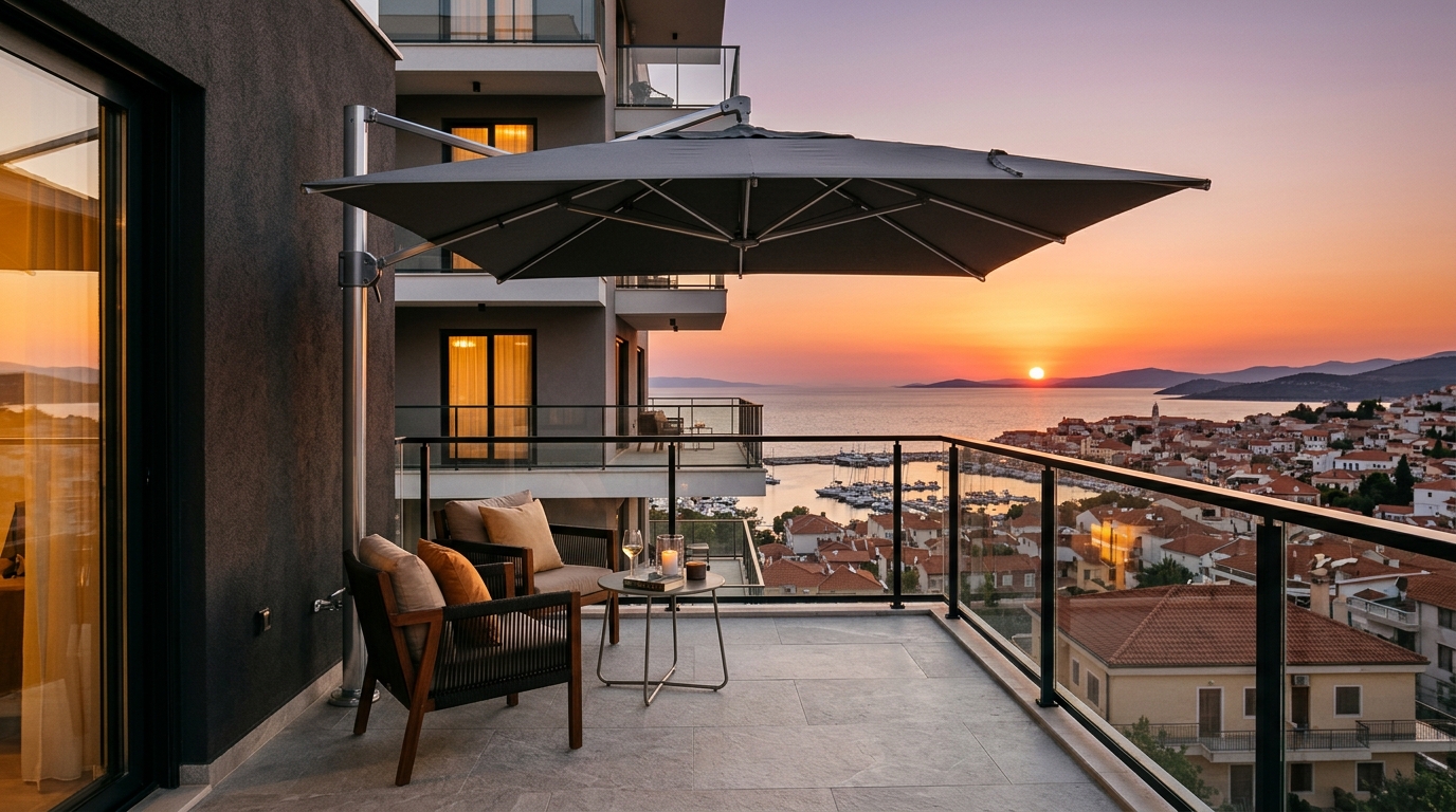 Small apartment balcony ideas architecture featuring a cantilevered umbrella that preserves precious floor space in a narrow urban setting.