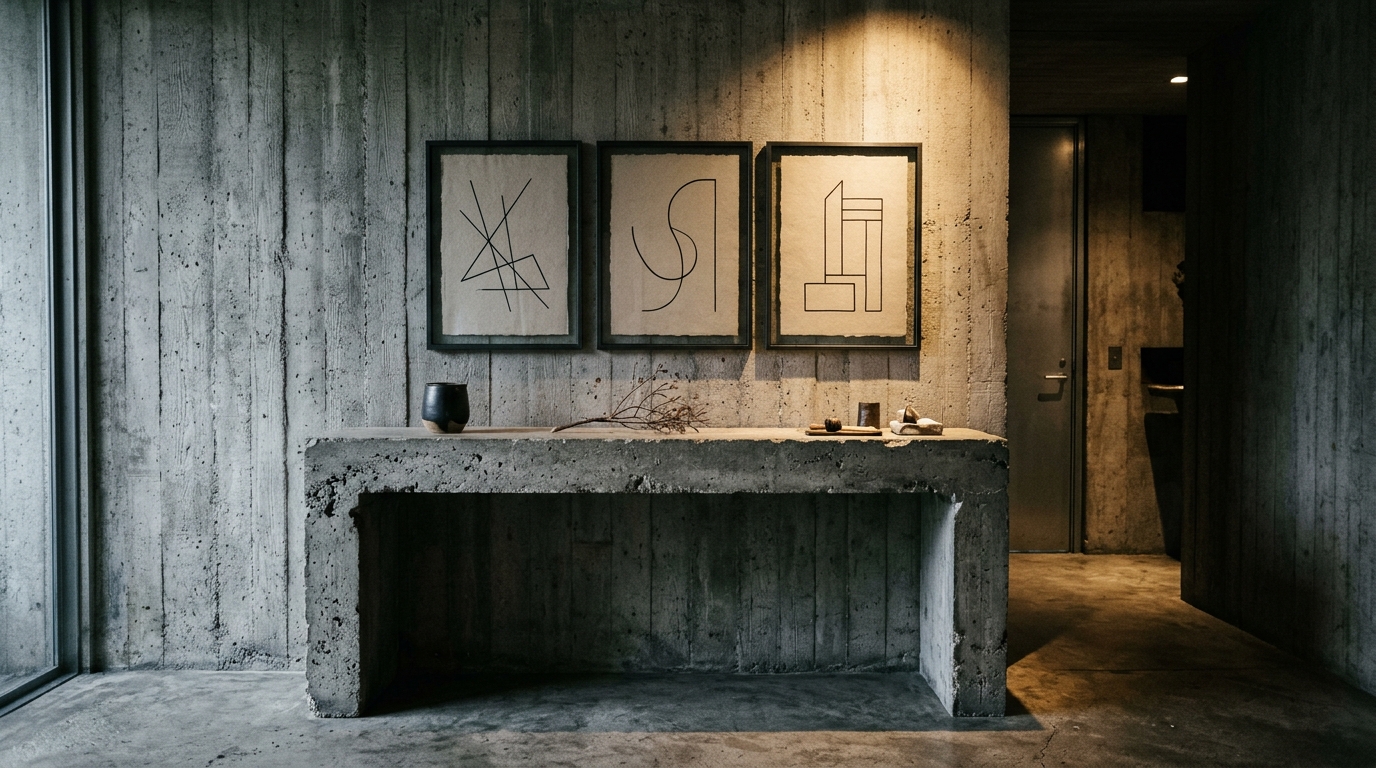 Brutalist inspired entryway with a heavy concrete console table and vertical fluted wall panels.
