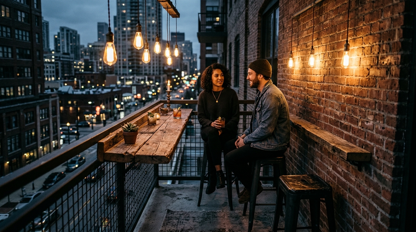 Industrial balcony design with reclaimed wood breakfast bar, metal stools, and Edison-style warm ambient lighting.