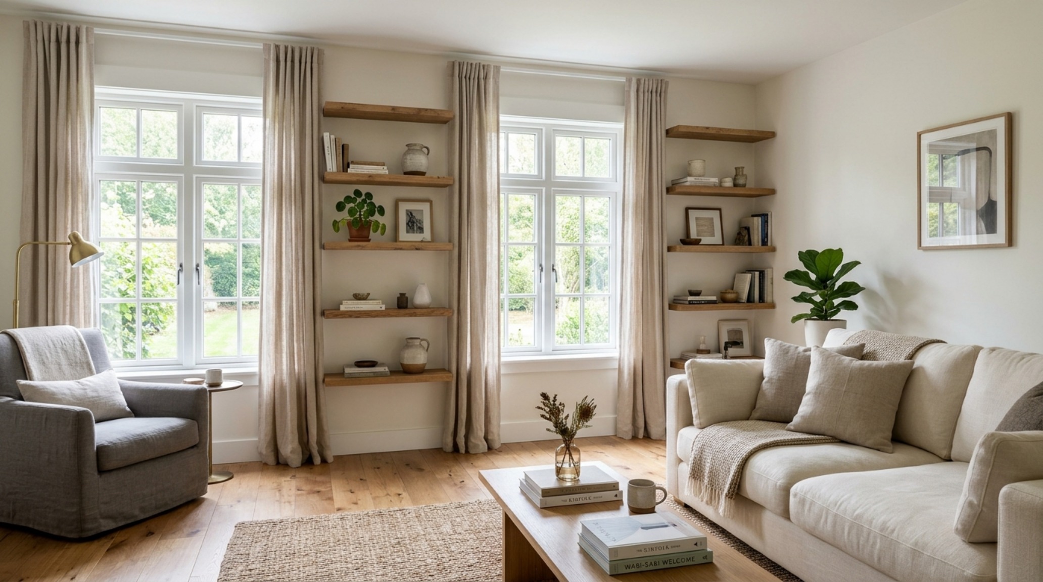 Interior view of a sun-drenched living room with floating shelves aligned to the window datum line, creating a sense of architectural calm and spatial cadence.