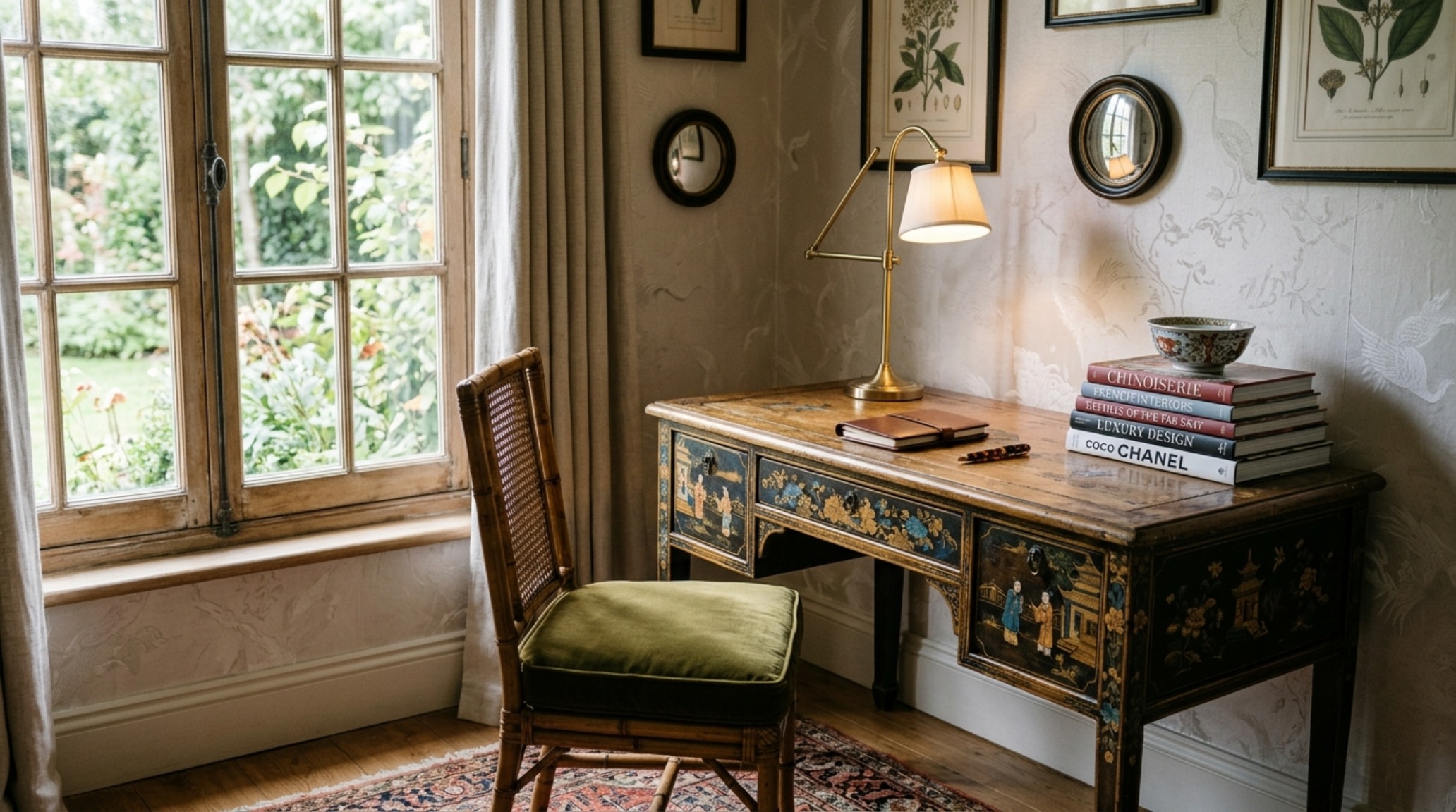 Vignette of a Chinoiserie desk tucked into a corner, showing the intersection of historical style and modern small-space functionality.