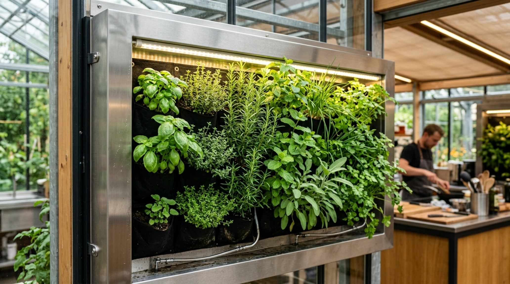 Vertical hydroponic garden wall inside a greenhouse living space, serving as both a natural air purifier and a vibrant decor element. Vertical hydroponic garden wall inside a greenhouse living space, serving as both a natural air purifier and a vibrant decor element.