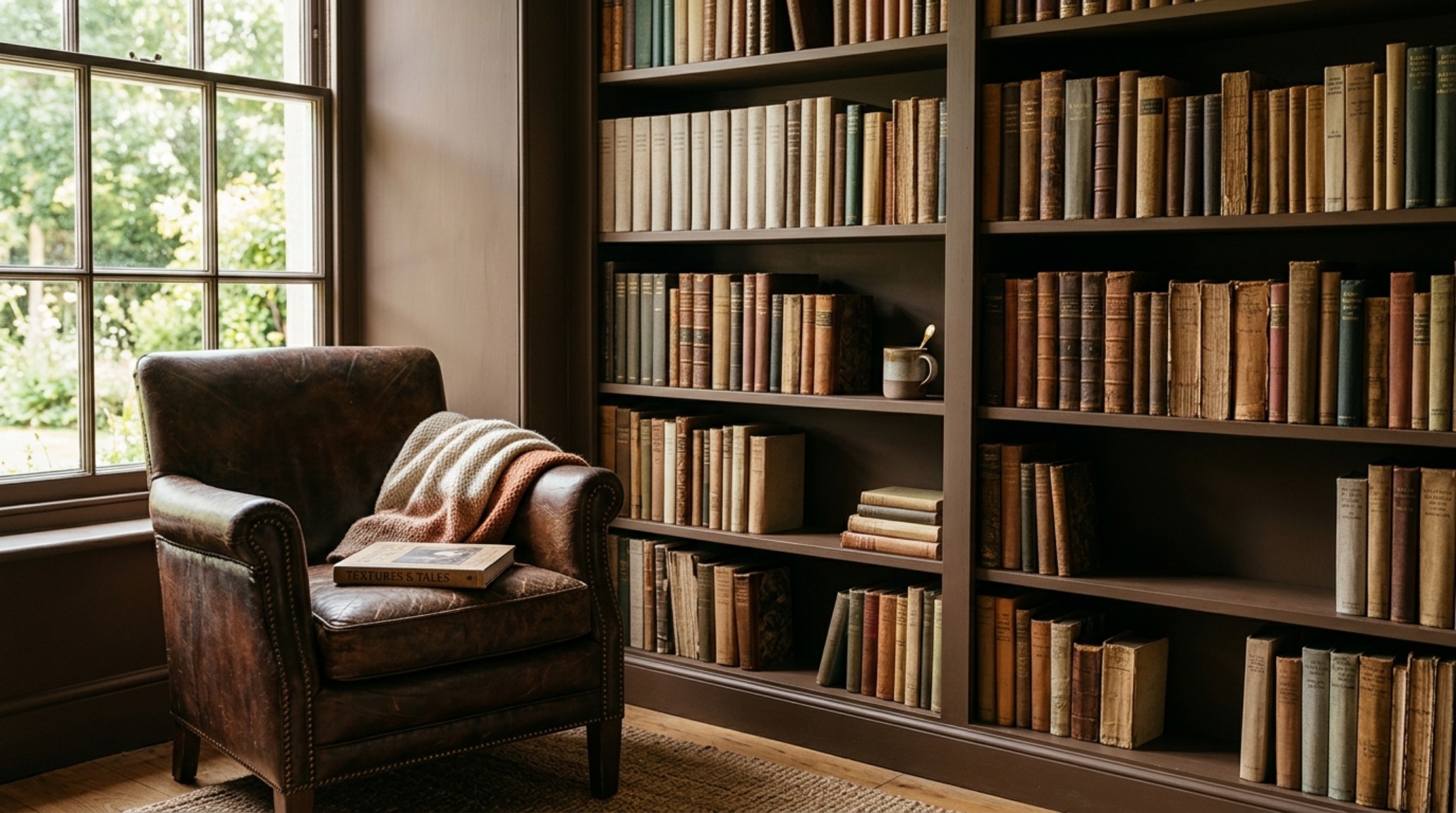 Detail of a reading corner showing the shadow play of natural light on a brown 0608 wall, highlighting the paint color browns 0608 decor ideas textures.