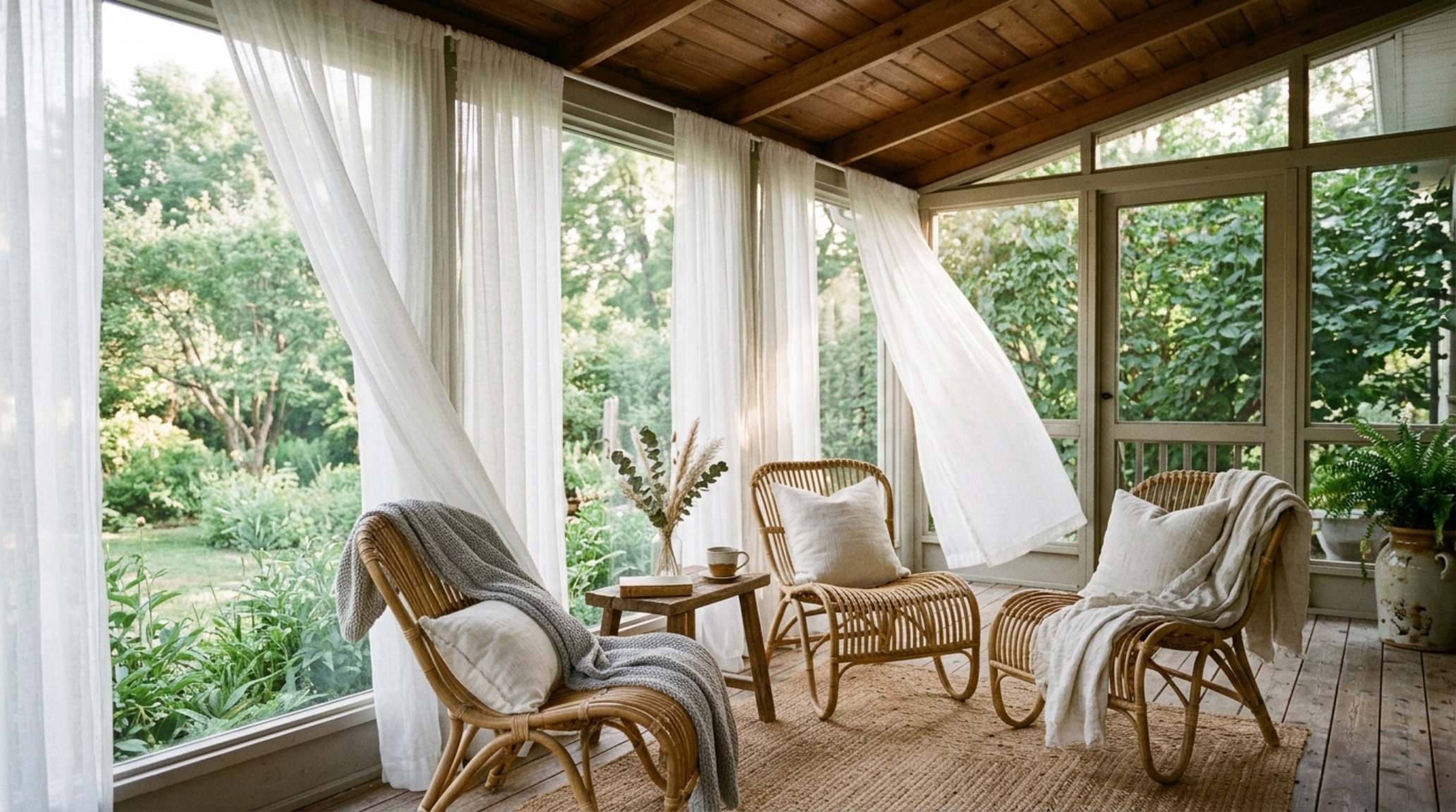 Soft-focus editorial shot of sheer linen curtains on an enclosed porch filtering 3000K afternoon light onto a pair of sculptural rattan armchairs.