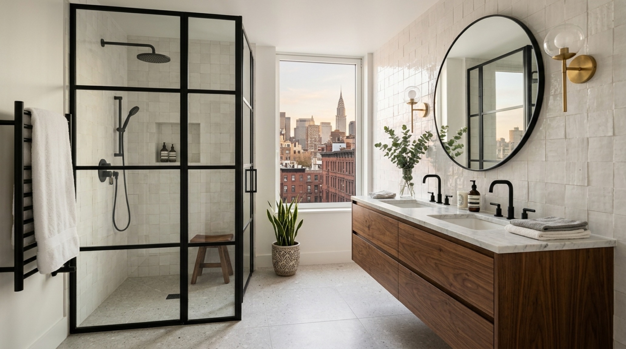 Kroesser Strat style bathroom with zellige tiles, a floating vanity, and high CRI 90 plus lighting for a spa-like atmosphere. Kroesser Strat style bathroom with zellige tiles, a floating vanity, and high CRI 90 plus lighting for a spa-like atmosphere.