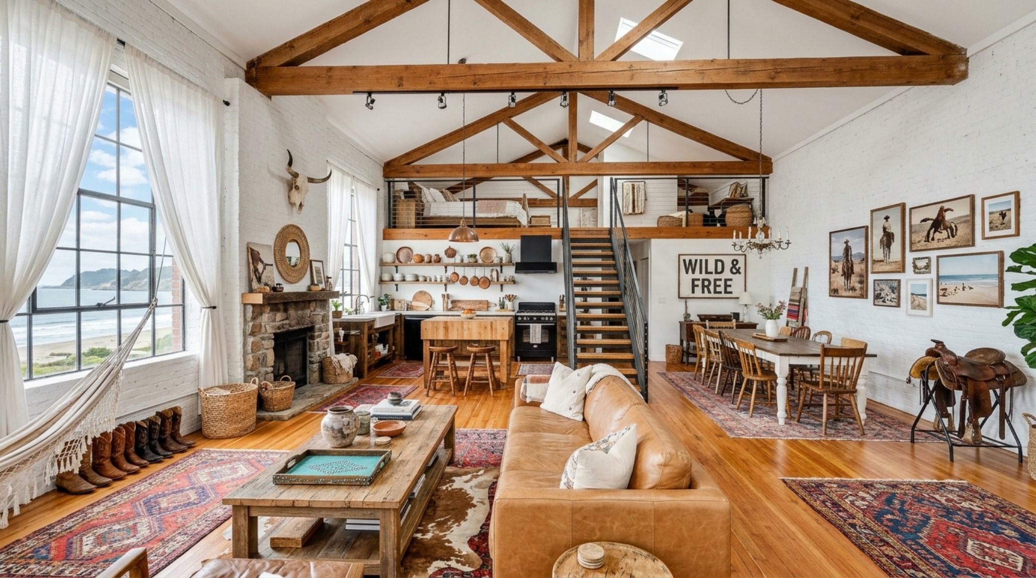 A wide-angle architectural shot of a coastal cowgirl inspired loft with floor-to-ceiling windows and a balanced mix of rugged and airy furniture.