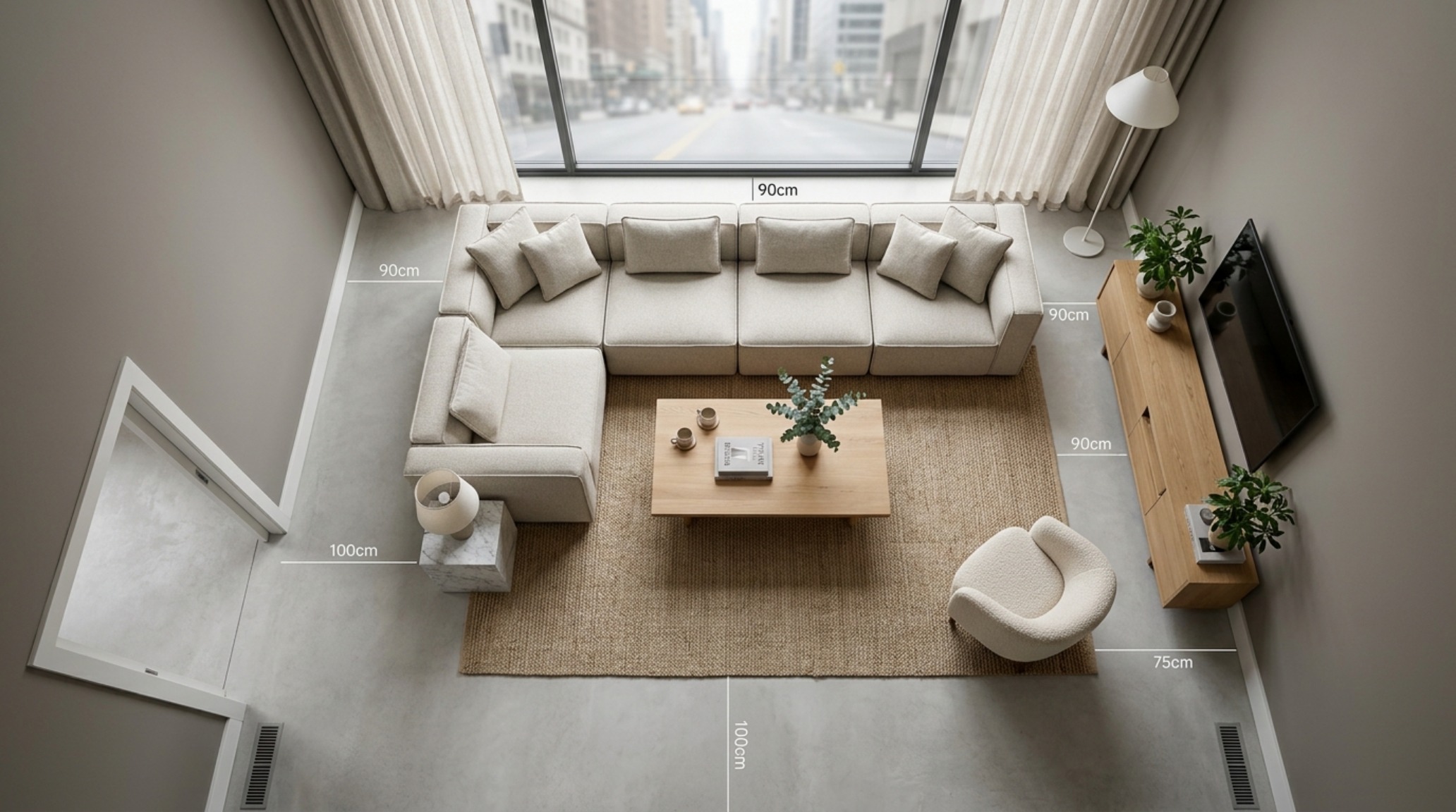 Direct overhead floor plan view of a modular sofa arrangement showing the precise 30-inch dining chair clearance and 36-inch circulation paths in a modern home.