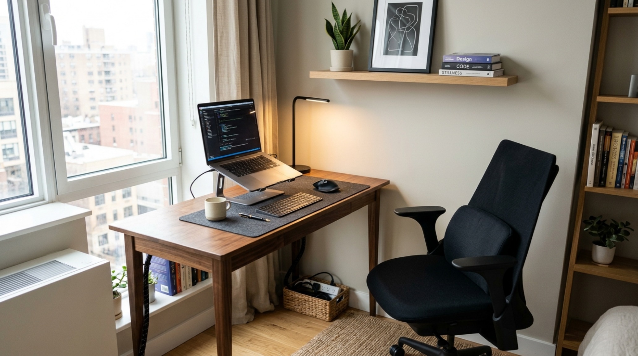 The workspace area featuring a narrow 20-inch depth walnut console and a minimalist ergonomic chair for productive small-space living.
