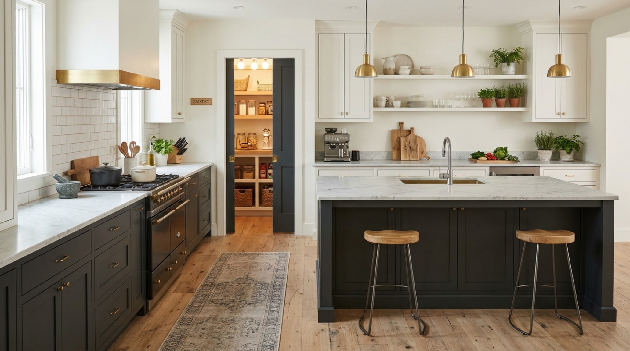 A combination of open shelving and closed cabinetry in a walk-in pantry, using Benjamin Moore Swiss Coffee and high-CRI lighting guide principles.