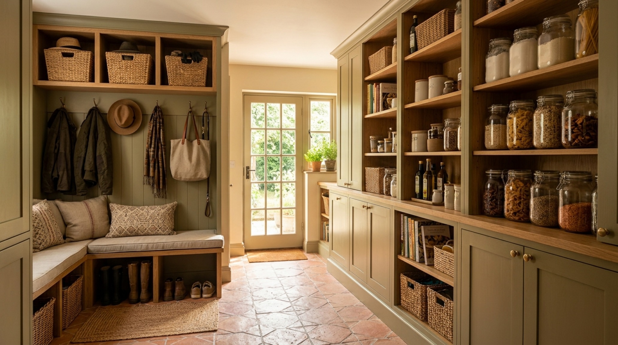A laundry-pantry hybrid room with integrated storage for cleaning supplies and dry goods, utilizing vertical space-saving hacks.