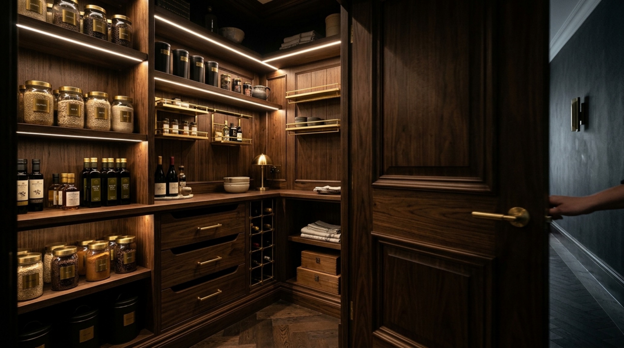 A wide-lens shot of a kitchen-adjacent pantry using pocket doors to maintain seamless spatial flow and architectural alignment. A wide-lens shot of a kitchen-adjacent pantry using pocket doors to maintain seamless spatial flow and architectural alignment.